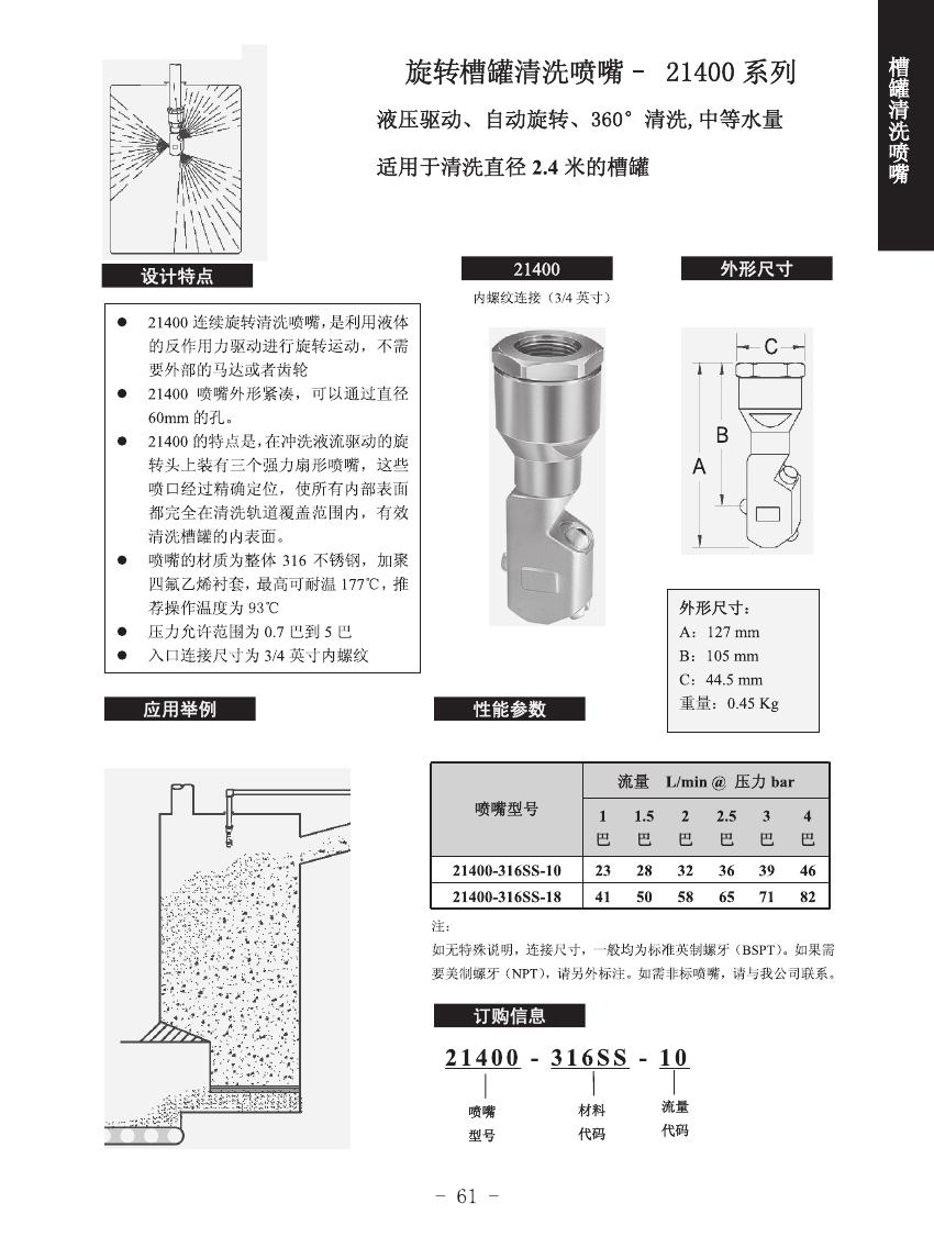 旋轉(zhuǎn)槽罐清洗噴嘴21400系列的設(shè)計特點、噴嘴設(shè)計、一般應(yīng)用及訂購信息