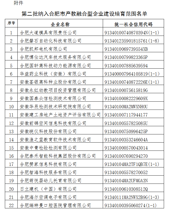 第二批合肥市產教融合型企業(yè)名單